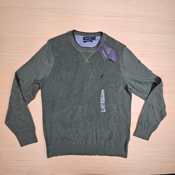 Nautica Navtech Sweater Mens M Green Pullover Crewneck Ribbed Cotton Blend NEW - Picture 2 of 12